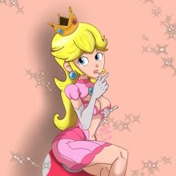 princess_peach nintendo nintendo_switch nintendo_switch_2 nintendo_ds nintendo_3ds gamecube nintendo_wii super_mario_bros. super_smash_bros. alexurds blonde_female dress crown pose_sexy blue_eyes tits_out bottomless miniskirt princess fungus gloves
