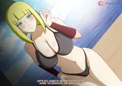 1girls arm_guards beach before_sex bikini_bottom bikini_top blonde_hair blue_eyes blunt_bangs blush bob_cut boruto:_naruto_next_generations busty child_bearing_hips closed_mouth commentary curvaceous curvy curvy_body curvy_female curvy_figure detached_sleeves dutch_angle embarrassed female female_only highleg highleg_panties hourglass_figure invitation inviting_to_sex koikatsu light-skinned_female light_skin looking_at_viewer mature mature_female mature_woman midriff milf naruto naruto:_the_last naruto_(series) naruto_shippuden oppai otsukira patreon_username sagging_breasts samui seaside slim_waist smile solo solo_focus talking talking_to_another talking_to_partner text threesome_invitation url voluptuous voluptuous_female watermark web_address wide_hips