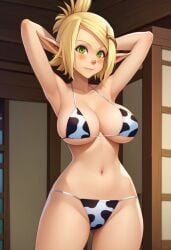 ai_generated almost_naked almost_nude ankama armpits arms_behind_head arms_up big_breasts bikini bikini_top cow_bikini cra elf_ears elf_female elf_girl evangelyne green_eyes light-skinned_female thick_thighs wakfu yellow_hair