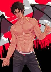 abs akira_fudou amber_eyes black_hair black_pants city cloud clouds devilman_crybaby happy_trail male_only maorenc red_background red_underwear resting_bitch_face solo_male tan_skin unbuttoned_pants wings