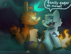 anthro bodily_fluids canid canine canis clothing duo fire flaming_tail genital_fluids genitals hi_res jack_(jacksafterdark) jacksafterdark lagomorph leporid male male/male mammal moonlit penis pool precum rabbit speedo swimwear tail victor_the_wolf_(character) wolf