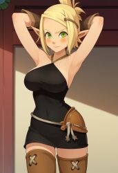 ai_generated ankama armpits arms_behind_head arms_up big_breasts cra elf_ears elf_female evangelyne green_eyes light-skinned_female wakfu yellow_hair