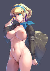 1girls big_breasts blonde_hair blue_eyes bottomless breasts casual_nudity constance_von_nuvelle female female_focus female_only fire_emblem fire_emblem:_three_houses harihisa jacket large_breasts light_blue_eyes lips looking_at_viewer mostly_nude multicolored_hair naked_jacket naked_shirt nintendo nipples open_shirt pubic_hair pussy short_hair solo solo_female two_tone_hair