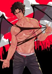 abs akira_fudou amber_eyes black_hair black_pants city cloud clouds devilman_crybaby happy_trail male_only maorenc red_background red_underwear resting_bitch_face ripped_shirt ripped_tank_top shirt_in_hand solo_male tan_skin unbuttoned_pants wings
