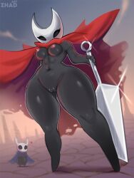 2_horns areola armor arthropod barefoot biped black_eyes breasts cloak clothing curvy_figure dark_body dark_skin digital_media_(artwork) english_text feet female genitals glistening half_sister_(lore) headgear heart_symbol helmet hi_res holding_melee_weapon holding_object holding_weapon hollow_knight_(franchise) horn hornet_(hollow_knight) humanoid insects larger_female legwear looking_at_viewer low-angle_view mammal mask masked_female melee_weapon nail_(weapon) nipples nude nude_female pink_nipples polearm pose red_cloak red_clothing red_heart sibling_(lore) simple_background sister_(lore) size_difference smaller_male solo team_cherry text the_knight_(hollow_knight) thick_thighs thigh_highs vessel_(species) view vulva weapon zhadart