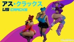 3d 3d_(artwork) 3girls blue_eyes blue_hair blue_moon_(cyberpunk_2077) cd_projekt_red cybernetics cyberpunk cyberpunk_2077 double_bun english_text female female_focus female_only holding_pistol holding_weapon japanese_text multiple_girls pistol purple_force_(cyberpunk_2077) purple_hair red_hair red_menace_(cyberpunk_2077) short_hair us_cracks v watermark weapon wildgrimm