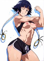 ai_generated armpit bleach breasts_out crop_top dolphin_shorts exercise looking_at_viewer medium_breasts nipples one_eye_closed ribs shaded shadow shirt_lift six_pack soifon sui-feng sweat white_background