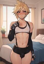 1boy 1femboy 2024 ai_generated armwear belly black_armwear black_shorts blonde_hair blush bulge cloud_strife cosplay crossdressing crossplay earrings erect_nipples femboy feminine_male final_fantasy final_fantasy_vii fingerless_gloves girly gloves indoors looking_at_viewer midriff navel nipples nipples_visible_through_clothing potatotimothy red_eyes short_short shorts solo standing thick_thighs thighs tifa_lockhart_(cosplay) trap