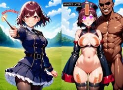 after_sex ai_generated black_hair brainwashing cum cum_drip cum_dripping_out_of_pussy cum_on_breasts defeated drooling english_text hat i_favor_the_villainess instant_loss jiangshi jiangshi_costume mind_control pink_eyes rae_taylor red_eyes skirt smile stockings talisman thighhighs wand watashi_no_oshi_wa_akuyaku_reijou