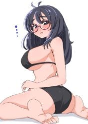 .... 1girl ahoge ass_focus barefoot black_bikini blush breasts feet female freckles freckles_on_face from_behind glasses large_ass large_breasts looking_back nerdy_female nervous round_eyewear sitting soles solo sweatdrop tied_hair toes very_long_hair wariza worried
