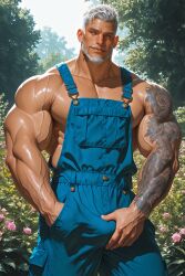ai_generated bara daddy dilf gay grey_hair handsome hunk male_only muscular muscular_male old_male older_male original_character silver_fox silver_hair solo_male tattoo tattoo_on_arm tattooed_arm zodoai