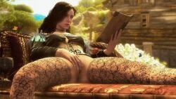 3d book cd_projekt_red female female_only finger_on_pussy fingering lace-trimmed_thighhighs masturbation no_panties outdoors pussy reading solo the_witcher the_witcher_(series) the_witcher_3:_wild_hunt thighhighs witcherres yennefer