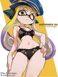 agent_3_(splatoon) belly_button black_underwear captain_hat cephalopod_humanoid inkling inkling_girl laz_gm light-skinned_female nintendo orange_eyes sexy_pose splatoon splatoon_3 thighs twitter_link underwear yellow_hair