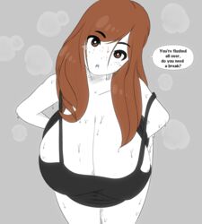 aeria_(riley_moore) auburn_hair english_text huge_breasts leaning_forward looking_at_viewer orange_eyes pov riley_moore_(artist) shirt shirt_slip speaking_to_viewer sweat talking_to_viewer taller_girl text text_bubble