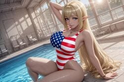 1girls 4th_of_july ai_generated america american_flag_print american_flag_swimsuit aria_(beheneko) beautiful beautiful_female blonde_hair blue_eyes blue_sky bracelet day daytime elf elf_female elf_girl elf_woman female female_focus fourth_of_july hi_res hires holidays independence independence_day indoor_pool indoors long_hair national_holiday necklace pale-skinned_female patriot patriotic patriotism petite pointed_ears pointy_ears pool poolside posing pretty s-rank_monster_no_"behemoth"_dakedo_neko_to_machigawarete_elf_musume_no_pet_toshite_kurashitemasu sitting sky slim smile smiling solo stars stars_and_stripes stripes united_states united_states_of_america water
