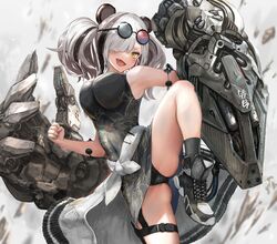 :) animal_ears arknights athletic_female bear_ears bear_girl black_dress black_lace black_lace_panties black_panties dress eyewear_on_head feater_(arknights) fist glasses_on_head gray_hair hair_over_one_eye high_top_sneakers high_tops lace-trimmed_panties lace_panties looking_at_viewer mecha multicolored_hair one_eye_covered one_leg_raised one_leg_up pantsu round_glasses round_sunglasses sfw smile smiling smiling_at_viewer sunglasses sunglasses_on_head thick_thighs upskirt yellow_eyes