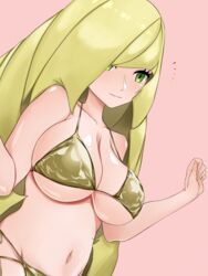 1girls big_breasts bikini blonde_hair breasts female green_eyes kazukine large_breasts long_hair lusamine_(pokemon) mature_female milf mother nintendo pink_background pokemon pokemon_sm standing