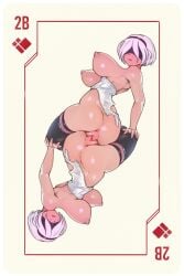 2b_(nier:automata) 2girls artist_logo black_thighhighs blindfold breasts card card_(medium) character_name hand_on_another's_thigh highres large_breasts logo multiple_girls navel nier:automata nier_(series) nipples playing_card pussy short_hair tailbox thighhighs tribadism white_hair