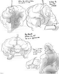 anthro bear bottomwear bowl chains clothing collar collar_only comic container duo father_(lore) father_and_child_(lore) father_and_son_(lore) genitals hi_res incest male mammal mohawk muscular muscular_anthro muscular_male nude parent_(lore) parent_and_child_(lore) parent_and_son_(lore) penis shorts son_(lore) tail text uniparasite vein veiny_arms veiny_muscles veiny_penis