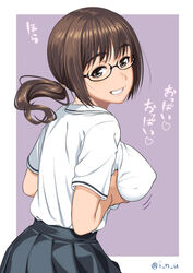 big_breasts breast_grab breast_lift breast_squeeze breasts glasses inu_(aerodog) looking_back looking_over_shoulder ponytail school_uniform