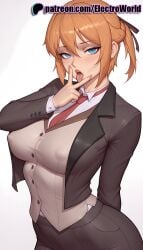 1girls 2025 ai_generated artist_name blue_eyes blush breasts bust chest electroworld fellatio_gesture female gradient gradient_background hi_res high_quality high_resolution highres jacket konoe_subaru licking licking_finger mayo_chiki! necktie patreon patreon_username red_necktie shirt solo stable_diffusion tongue tongue_out watermark