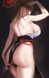 1girls animal_ears artist_request back_view big_breasts big_butt blue_archive dress fox_girl halo rumi_(blue_archive) shanhaijing_secondary_school_student taunting tongue_out