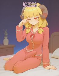 1futa 2025 ai_generated artist_name bed breasts bust chest futanari hi_res high_quality high_resolution highres horns jinja_(v-tuber) novalust one_eye_closed pajamas patreon patreon_username pillow potted_plant rubbing_eyes sitting sleepy solo stable_diffusion virtual_youtuber watermark