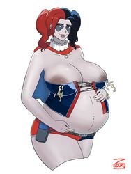 batman_(series) big_belly big_breasts corset_bra dark_nipples dc dc_comics harley_quinn huge_belly lactation leaking_milk pregnant ready_to_pop simple_background white_background wide_thighs zeruxu