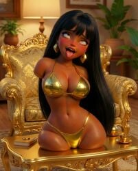1girls ahe_gao ai_generated armchair bare_shoulders bikini black_hair brown_eyes brown_skin chel chel_(the_road_to_el_dorado) coffee_table earrings female female_focus female_only golden_bikini living_room living_sex_toy no_arms no_legs quadruple_amputee sofa the_road_to_el_dorado tongue_out