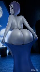 1girls 3d ass_focus back_tattoo back_view big_ass cape chubby chubby_female female_only grey_skin gspx_3d huge_ass purple_hair raven_(dc) teen_titans voluptuous
