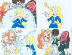 2d_(artwork) 4girls antiheroine artist_name black_hair black_suit blonde_hair blue_suit funny humiliation invisible_woman laugh marvel marvel_comics olivia_octavius orange_hair red_she-hulk red_skin red_suit shocked subsonicmedia sue_storm superheroine thundra villainess yellow_eyes