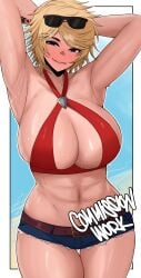 1girls alina_novikov armpit armpits arms_behind_back arms_up background bare_armpits bare_arms bare_belly bare_legs bare_midriff bare_shoulders bare_thighs barely_clothed beach belly belly_button belt black_eyes black_glasses black_sunglasses blonde_female blonde_hair blush blushing_at_viewer blushing_female boob_window both_hands_on_head breasts bust busty busty_female busty_girl clothed clothed_female clothing commission curvaceous curvaceous_body curvaceous_female curvaceous_figure curvaceous_hips curvaceous_thighs curvy curvy_body curvy_female curvy_figure curvy_hips curvy_thighs edmun female female_focus female_only glasses glasses_on_head hair hand_behind_head hand_on_head hips huge_breasts huge_thighs human human_only jean_shorts jeans large_breasts large_thighs light-skinned_female light_skin looking_at_viewer midriff midriff_baring_shirt muscles muscular muscular_body muscular_female oc ocean original original_character outdoors outside red_shirt russian russian_female russian_girl sea seaside seductive seductive_eyes seductive_look seductive_pose seductive_smile sexy short_hair short_shorts shorts shoulders smile smiling smiling_at_viewer solo solo_female solo_focus sunglasses sunglasses_on_head tattoo tattoo_on_arm tattooed_arm teeth thigh_gap thighs thunder_thighs voluptuous voluptuous_body voluptuous_female white_border wide_hipped_female wide_hips