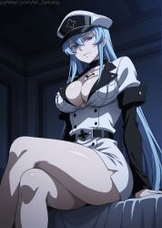 ai_generated akame_ga_kill! belt blue_eyes blue_hair breasts choker cleavage crossed_legs esdeath_(akame_ga_kill!) female hair hair_between_eyes hat indoors large_breasts long_hair looking_at_viewer military military_hat military_uniform mr_geroiniy peaked_cap sitting smile solo thighs uniform very_long