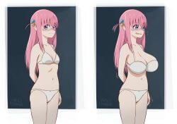 1girls alternate_breast_size big_breasts bikini bocchi_the_rock! breast_expansion breasts cloudxmoe embarrassed embarrassed_female female female_only flat_chest flustered gotou_hitori large_breasts light-skinned_female light_skin long_hair nervous pink_hair small_breasts small_but_busty