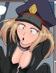 boku_no_hero_academia breasts camie_utsushimi colar hat leather_clothing my_hero_academia nipple_slip onesie open_clothes open_mouth open_zipper surprise surprised surprised_expression surprised_face