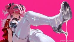 ai_generated balecxi boots cum_on_body earrings female hair_between_eyes high_heels jewelry large_breasts long_hair looking_at_viewer lupa_(wuthering_waves) pink_background pink_hair smile solo thigh_boots two_side_up wuthering_waves yellow_eyes