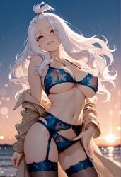ai_generated blue_eyes bra coat erect_nipples fairy_tail flowing_hair garter_straps head_back illustrious_(stable_diffusion) large_breasts lingerie long_hair mirajane_strauss outside panties payop posing_for_the_viewer seductive_smile self_upload stockings underboob white_hair