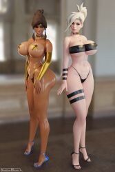 2025 2girls 3d alternate_body_type angela_ziegler bandeau_bra bimbo bimbo_body detailed_background erect_nipples erect_nipples_under_clothes fareeha_amari female female_only full_body high_heels indoors mercy nipple_bulge nipple_piercings_under_clothes nipples overwatch overwatch_2 pasties pharah piercing pokies shadowboxer skimpy skimpy_clothes thong