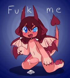 1boy anthro ass blue_eyes blush claws cute dragon dragonling drooling looking_at_viewer luxx male_only mammal open_mouth pawpads paws penis precum precum_drip red_fur sweat tail text tongue tongue_out wings