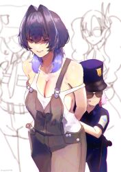 2girls absurdres alternate_costume blue_hat blue_jacket blue_pants breasts brown_overalls erasorpepero hat highres hololive hololive_english jacket koseki_bijou large_breasts long_hair looking_at_viewer multiple_girls ouro_kronii overalls pants police police_uniform shirt short_hair smile united_states_military_police virtual_youtuber white_shirt