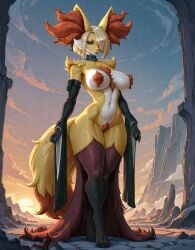 1girls ai_generated anthro big_breasts blonde_hair delphox digitigrade digitigrade_anthro digitigrade_legs digitigrade_paws female_focus generation_6_pokemon hourglass_figure large_breasts lipstick looking_at_viewer original_character pokemon pokemon_(species) red_fur scorpianpp self_upload solo solo_female solo_focus stable_diffusion thick_thighs wide_hips yellow_fur