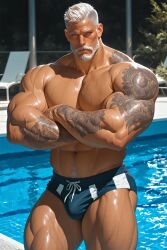 ai_generated bara barely_clothed beard big_ass big_butt daddy dilf gay goatee grey_hair handsome hunk male_only muscular muscular_ass muscular_legs muscular_male old_male older_male original_character partially_clothed pool poolside silver_fox silver_hair solo_male swimsuit tattoo tattoo_on_arm tattooed_arm thick_thighs zodoai