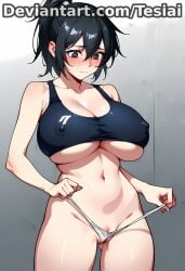 1girls ai_generated ass big_ass big_breasts bikini black_hair blue_bikini blue_bikini_bottom blue_eyes blue_sports_bra blue_swimsuit breasts busty busty_female female female_only huge_ass huge_breasts large_ass large_breasts light-skinned_female light_skin manyuu_chifusa manyuu_hikenchou navel nipples panty_lift panty_pull pink_nipples ponytail pussy solo_female sports_bra standing swimsuit tesiai vagina voluptuous voluptuous_female