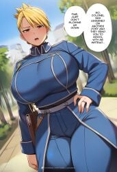 ai_generated big_ass big_breasts big_butt big_thighs blonde_female blonde_hair disappointed fullmetal_alchemist fullmetal_alchemist_brotherhood hi_res high_quality high_resolution highres huge_ass huge_breasts huge_butt huge_thighs looking_at_viewer mature mature_female mature_woman milf military military_uniform outdoors park ponytail public public_park riza_hawkeye standing thick thick_ass thick_butt thick_hips thick_legs thick_thighs vanillaramen voluptuous voluptuous_female wedding_ring wide_hips
