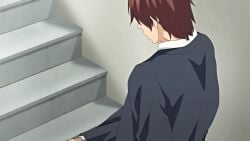 10s 1boy 1girls 2018 animated blush bowtie brother_and_sister brown_hair cardigan censored erection fellatio female hand_on_another's_head incest jacket large_penis lowres mayu_(nee_shiyo) mosaic_censoring nee_shiyo oral penis queen_bee_(animation_studio) school shirt siblings stairs straight tagme takuya_(nee_shiyo) white_shirt