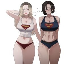 2girls big_ass big_breasts black_hair blonde_hair blue_panties blush dc dc_comics female_only kara_zor-el light-skinned_female long_hair looking_at_viewer ratatatat74 red_panties short_hair sigh supergirl supergirl_(series) superheroine superman_(series) superman_logo tank_top the_flash_(2023) voluptuous voluptuous_female white_background