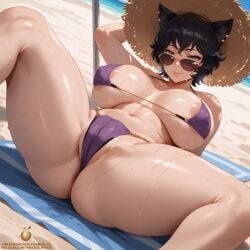 ai_generated amber_eyes areola_slip areolae beach bikini bikini_bottom bikini_top black_hair cameltoe cat_ears cat_girl catgirl faunus hat kali_belladonna large_ass large_breasts large_butt large_thighs mature mature_female mature_woman milf motherly_figure posing rwby short_hair solo solo_female solo_focus straw_hat sun_hat sunglasses tagme thick thick_ass thick_thighs twistedpeach