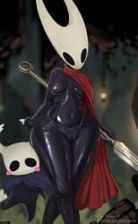 1boy 1girls 2_horns alternate_body_type alternate_breast_size arthropod artist_name big_ass big_breasts big_butt black_body black_skin breasts bubble_ass bubble_butt bug bug_girl female female_only hollow_knight hollow_knight:_silksong hornet_(hollow_knight) large_ass large_breasts large_butt protagonist_(hollow_knight) silksong sniffsnorf team_cherry