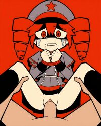 1boy 1girls absurd_res accurate_art_style ai_generated black_socks bondage bound_wrists chibi crying drill_hair duo falsegate first_porn_of_character flat_colors flat_shading gray_hat gray_skirt hat highres kasane_teto kasane_teto_(sv) male_pov mv_character penis penis_in_pussy pleated_skirt pov pussy rape red_background red_eyes red_hair red_velvet_revolt rope rope_around_wrist rope_bondage scared self_upload sex shaded_face simple_background skirt solid_color_background spread_legs spreading_legs stable_diffusion straight tears upskirt upskirt_sex vaginal_penetration vaginal_rape vaginal_sex