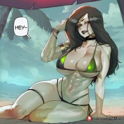 abs ai_generated beach bikini black_bikini black_choker black_hair black_lips blue_sky bracelet breasts choker cleavage colored_skin day english_text female green_bikini green_eyes green_lips green_skin grey_skin jewelry kim_possible large_breasts lipstick long_hair looking_at_viewer makeup muscular muscular_female navel ocean outdoors palm_tree patreon_logo patreon_username shego shore side-tie_bikini_bottom sitting skindentation sky smile solo speech_bubble sweat swimsuit thick_thighs thigh_strap thighs tillian toned tree umbrella underboob web_address wet
